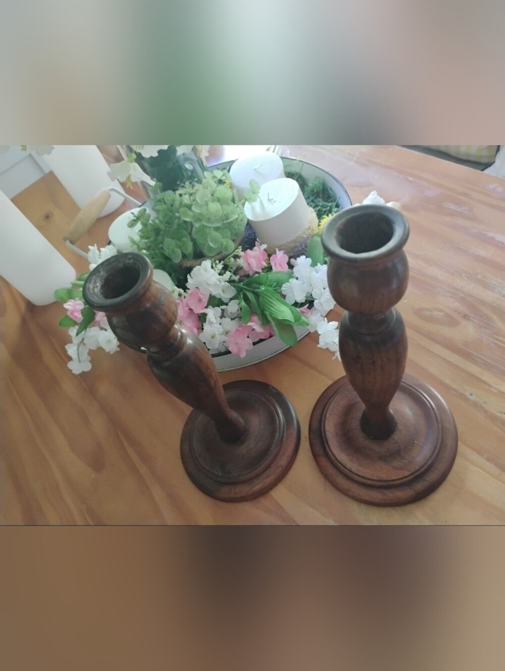 Lovely Set Of 2 Vintage Wooden Candlestick Holders